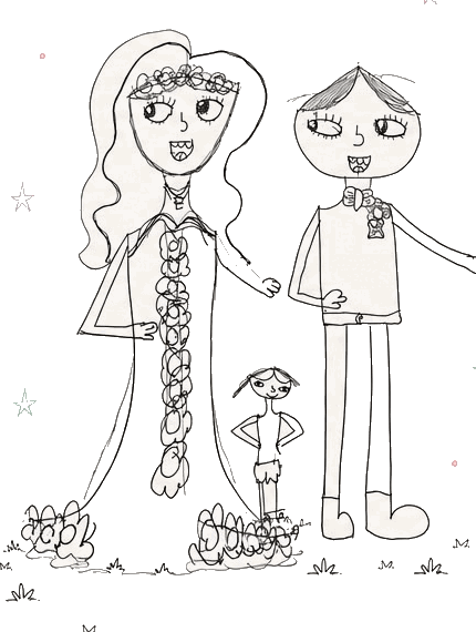 Dibujo de Elena y José Ramón junto a su hija Estrella